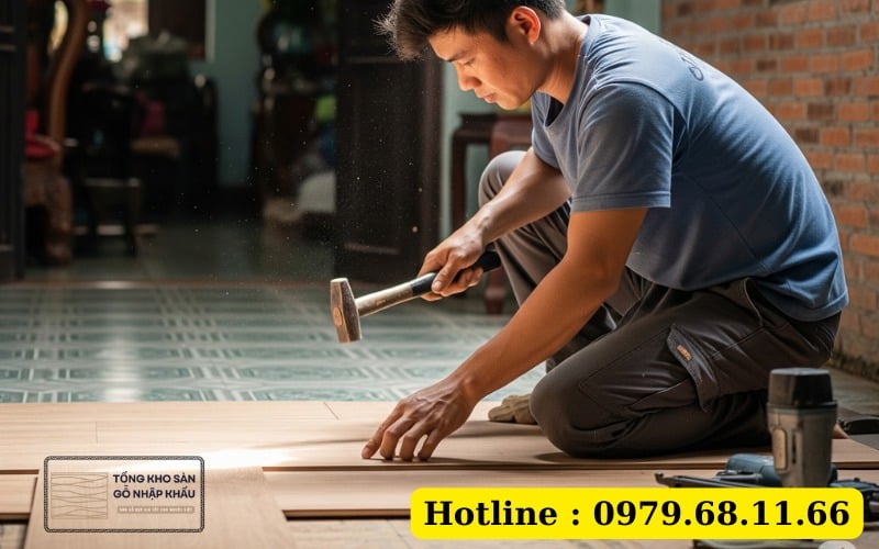 nhân viên thi công lát sàn gỗ công nghiệp